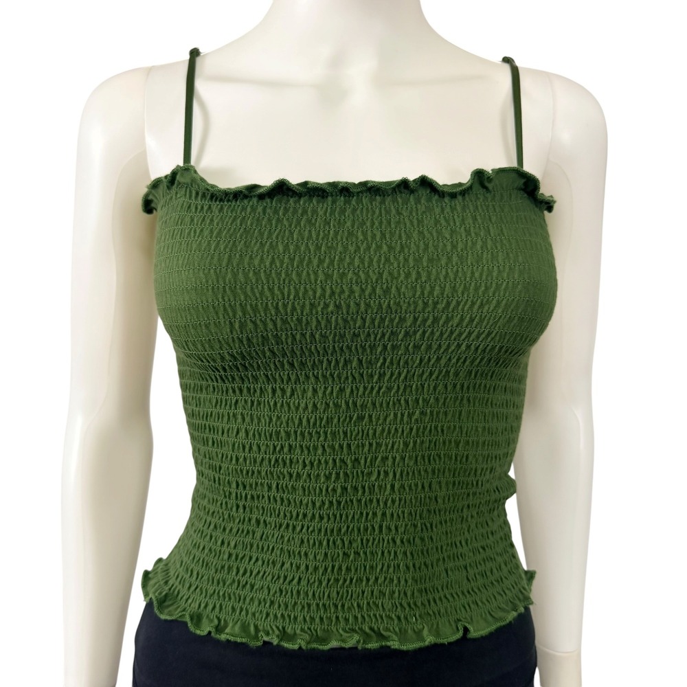 Green Smocked Tube‎ Cami Top Ruffle Coquette Boho Cottagecore Indie Y2K Tank OS